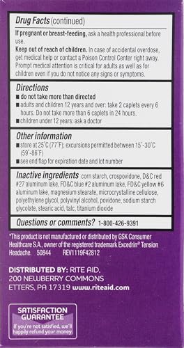 Rite Aid Tension Headache Pain Reliever, Acetaminophen, 500 mg, 100 Coated Caplets | Tension Headache Relief Aspirin Free | Pain Relief Pills Extra Strength | Migraine Relief | No Headache Pain Relief