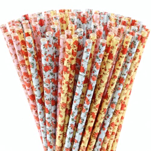 Image of ALINK Floral Paper Straws, Biodegradable Disposable Flower Straws for Bridal /Baby Shower, Wedding, Shabby Chic /Vintage Tea Party, Birthday, Events and Crafts Decorations