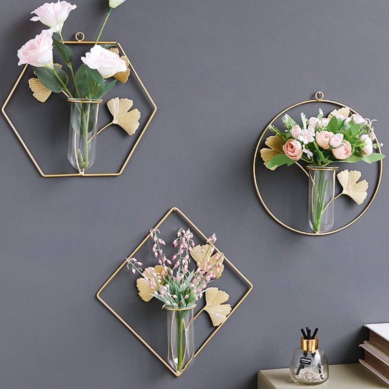 Jardiniere balcon Vase de plantes à suspendre au mur avec support de cadre en feuille de Ginkgo en métal Tube à essai en verre géométrique Jardinières hydroponiques Pot suspendu plante interieur ( Col