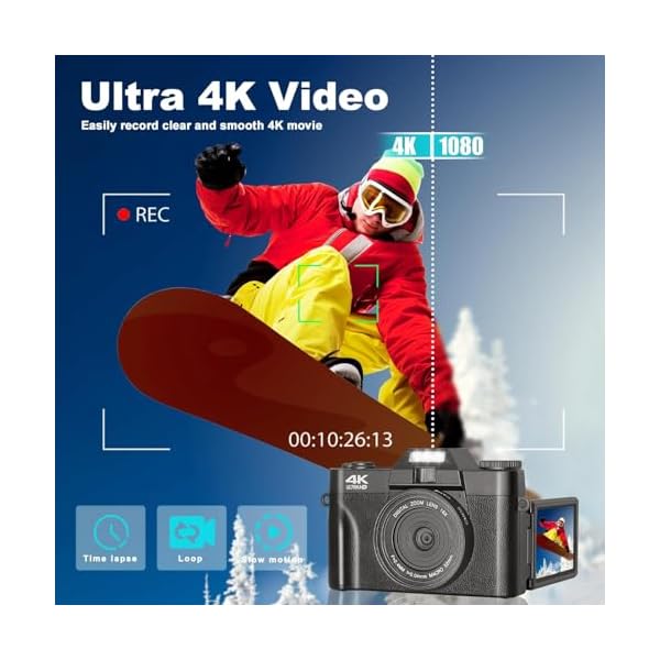 4K 56MP Digital Camera for Photography Vlogging Camera for YouTube with 180° Flip Screen, WiFi,16X Digital Zoom, 52mm Lens, 2 Batteries, 32GB Micro SD Card(Black)