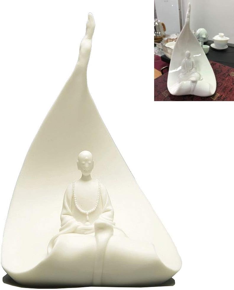 WGD Foxi 1pcs Chinese Sitting Buddha Statue, Handmade Ceramic One Leaf One Bodhi Sculpture, Bodhi Buddha Figurine Ornament [ 6.10Inch Large]