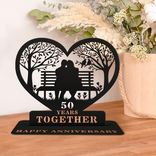 Golden Anniversary Wedding Gifts for Couple, 50th Wedding Metal Tabletop Decor with Engraved Heart,...