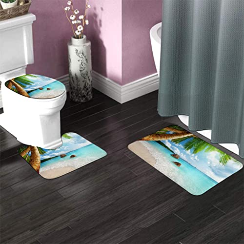 Badezimmerteppich-Set, 3-teilig, tropisches Strandthema, Palmenblau, waschbare Badeteppiche, rutschfest, mit Rückenpolster, Konturteppich und Toilettendeckelbezug – Bild 4
