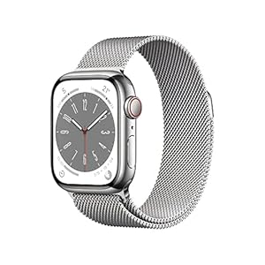 Apple Watch Series 8 GPS + Cellularモデル、41mmケース シルバーステンレススチールケースとシルバーミラネーゼループを組み合わせたスマートウォッチ。フィットネストラッカー、血中酸素ウェルネスアプリと心電図アプリ、常時表示Retinaディスプレイ、耐水性能" 