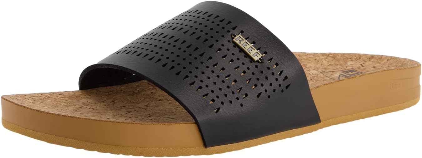 Reef Women's Cushion Scout Perf Slide Sandal, Black/Tan, 10