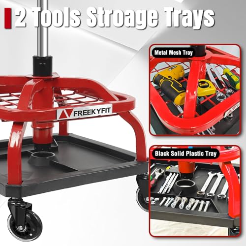 Image of Rolling Shop Stool with Wheels, Garage Work Mechanic Stool with Backrest, Roller Mechanic Chair, Adjustable Height, 360 Swivel, Tool Tray Storage, 330 LBS Capacity, Heavy Duty, Red