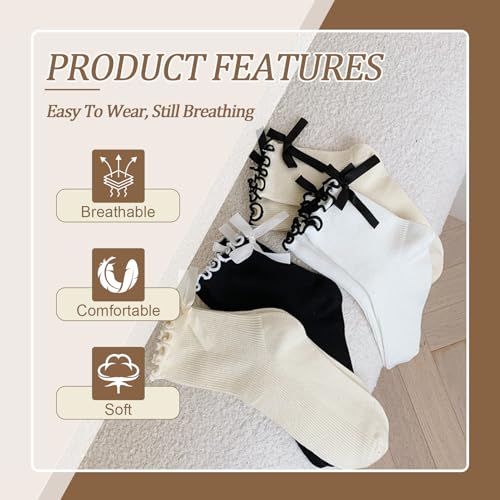 4 Pairs Womens Bow Socks,Cute Frilly Ruffle Casual Crew Socks, Soft Breathable Cotton JK Bow Socks2