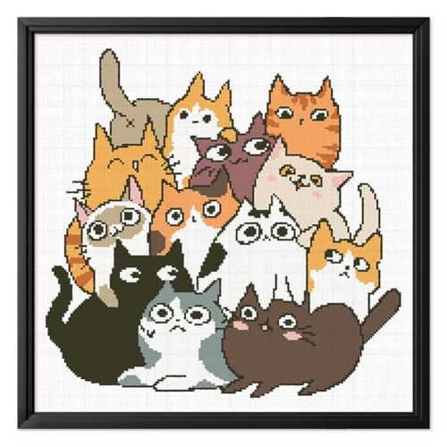 Image of FREEBLOSS 11CT Cross Stitch Kits 13 Cats Pattern Stamped Cross Stitch Wall Painting Craft Kit Full Range of Embroidery Starter Kits for Adult Beginners with Instruction 17.7 x 17.7