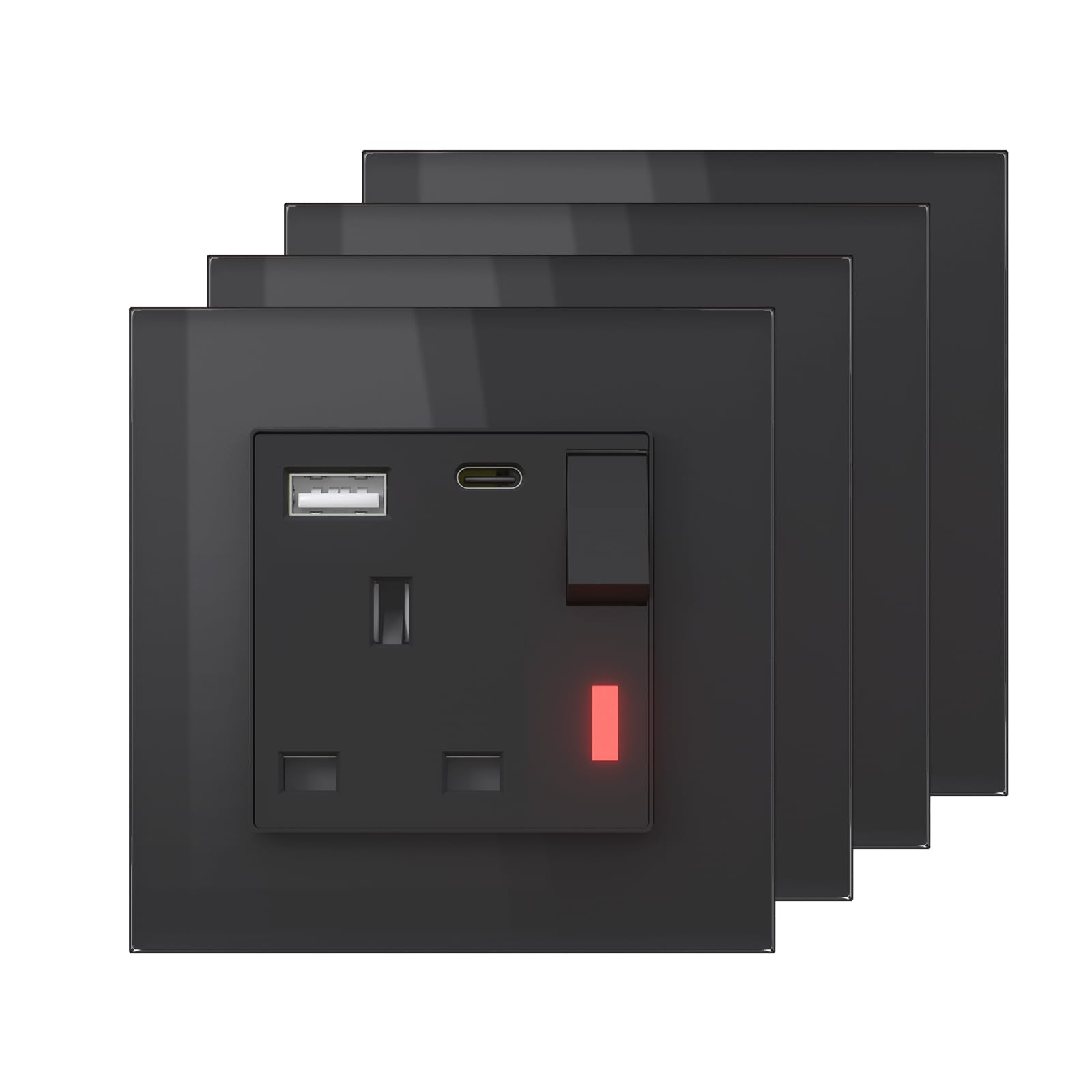 BSEED Single Plug Socket with USB C and USB A,UK Standard Electric Power Sockets,Save Space,1 Gang-4 Pack,86mm Black — image 1