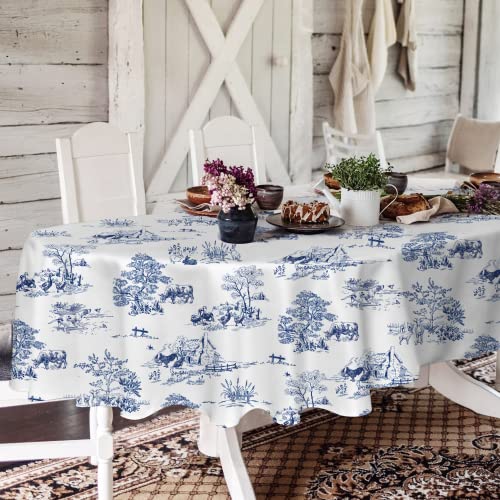 Rustic Oval Tablecloth 60X84 Inch,Blue And White Country Tablecloth Classic French Village Print Polyester Waterproof Table Cloth For Farmhouse Kitchen Decor/Indoor And Outdoor Tables/Parties/Picnics #TOP2