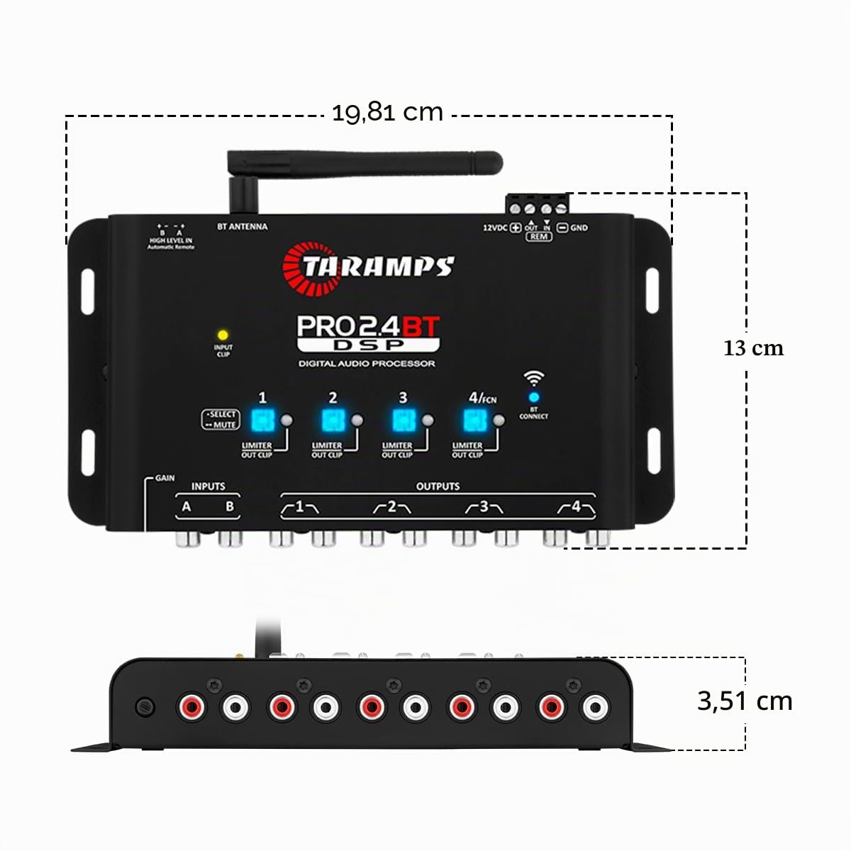 Taramps Pro 2.4 BT Bluetooth DSP Crossover Full, processore di segnale digitale, equalizzatore audio per auto con app, guadagno fino a 9 V, equalizzazione grafica a 15 bande, 12 preset EQ, 2 ingressi