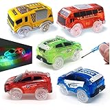 Track Cars [5 MEGA PACK] w/5 Led Light Up Replacement Glow-In-The-Dark Car |Track Accessories| Police Car, 2-Dinosaur School Bus, 2-Army/Sports Car, Compatible With Magic Tracks N Other Track Boy Girl