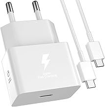 25 W Mini Charger and 1 Metre Cable for Samsung A35 A55 A54 A34 A53 Galaxy A16 A17 5G A26, Super Fast Charging PD 25 WATT Adapter Charger USB C and Type C Cable for Samsung S25 S24 Z Flip7 Tab