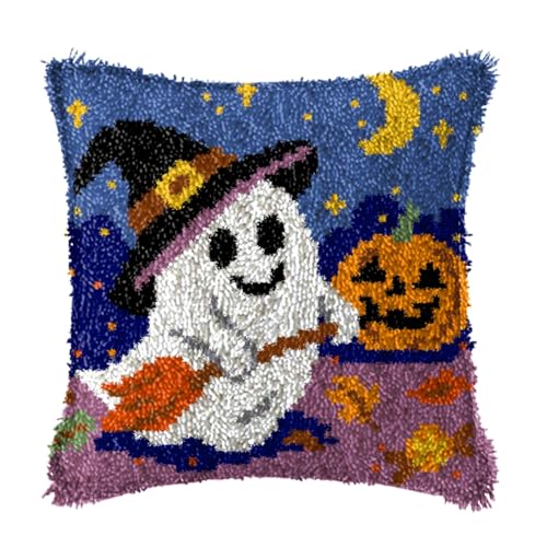 Image of YOOLOOKY Latch Hook Pillow Kits for Adults Beginners Pre-Printed Ghost Canvas Embroidery Cushion for Home Sofa Decoration 17x17inch
