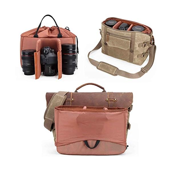 Neuleben Wasserdicht Kameratasche Fototasche aus gewachstem Canvas Leder Vintage Umhängetasche Messenger Bag für DSLR Kamera Zwei Objektive (Dunkelgrau) – Bild 4