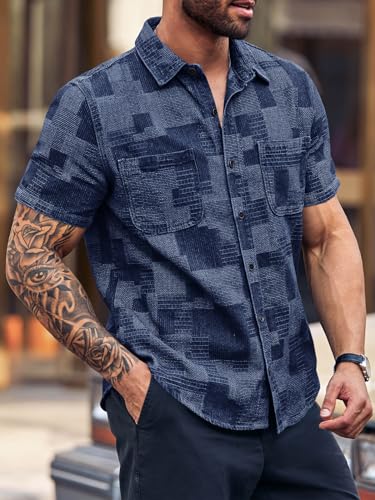 Runcati Mens Denim Shirts Short Sleeve Patchwork Button Down Casual Hippie Summer Jean Shirt2