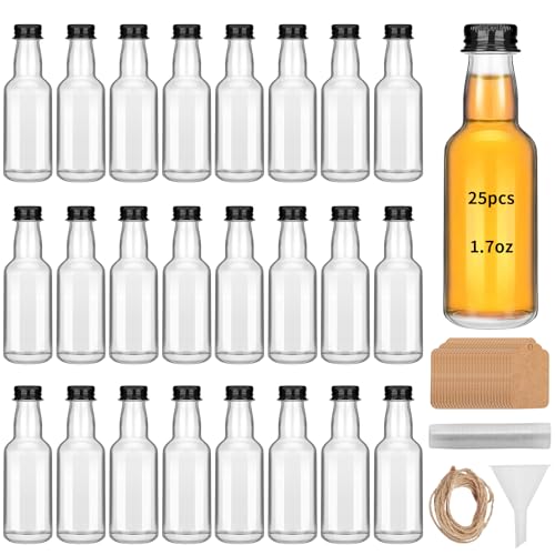 eispap 25 Mini Glass Liquor Bottles with Black Aluminum Screw Caps - Reusable Empty 50 ml/ 1.7oz Wine Bottles for Christmas, Birthday, Weddings, Parties and Favors