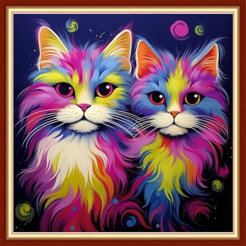 Image of Joyhoor Stamped Cross Stitch Kits for Beginners, Needlepoint Kits for Adults, 11CT Counted Embroidery Kits-Colorful Cat 18x18 inchs