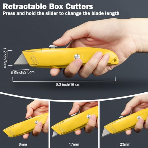 Image of Lasnten 12 Pcs Box Cutter Bulk Retractable Utility Knife Heavy Duty Aluminum Alloy Carpet Knife Package Opener Cutter Blade for Cardboard Plastics Cartons DIY Home Warehouse Office(Yellow)