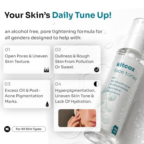 Image of Kitcoz 5% Niacinamide and 8% Glycolic Acid Face Toner with Rice Water 150ml | Alcohol Free with Sake Ferment, Licorice and Aloe. For pores, texture and hydration. All skin types, AM and PM.