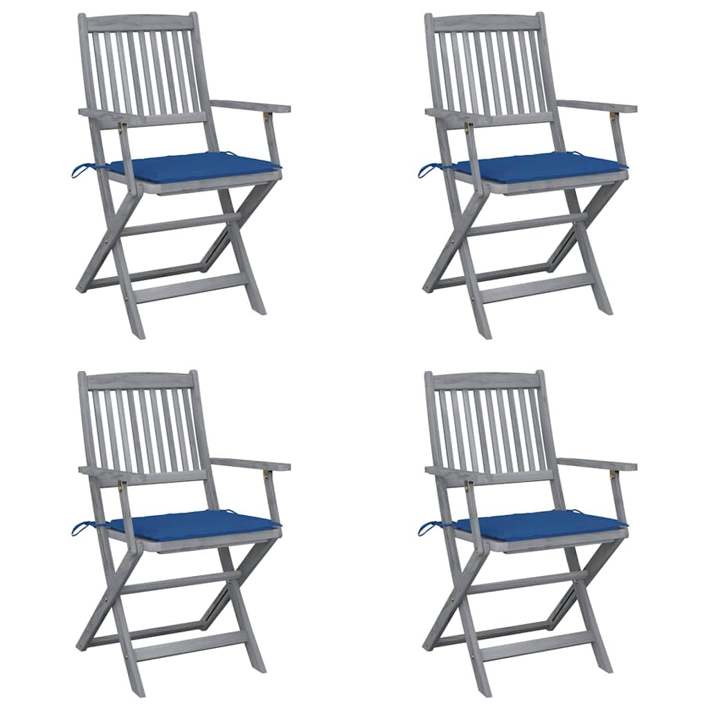 Juego de 4 sillas plegables de jardín con cojín de madera maciza de acacia, sillas de comedor plegables para terraza, sillas de madera barnizada en gris para jardín y patio, soporta hasta 110