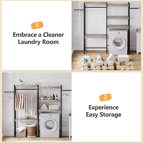 IDEALHOUSE Laundry Room Organization and Storage,5 Tier Wood Over The Washer and Dryer Storage Shelf with Drying Clothes Racks,Space Saver Heavy Duty Bathroom Laundry Shelf for Home Storage and Decor
