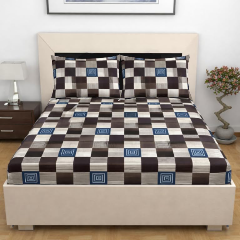 Image of Designer Floral Printed Flat Bedsheet for Double Bed 200tc to 220tc | Ultra Soft Cotton Fabric | King /Queen Size Top Sheet with 2 Matching Pillow Covers - 228 x 228 Cm, Dark Brown