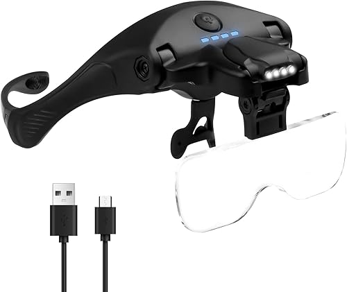 Lupa con diadema con 4 luces LED, lupa de cabeza recargable con 5 lentes desmontables 1X, 1.5X, 2X, 2.5X 3.5X - Lupa iluminada manos libres para