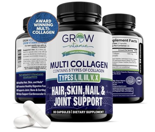 grow vitamin Multi Collagen Capsules, 1800MG (Types I, II, III, V & X) - Non-GMO, Grass Fed Collagen - Anti Aging Support for Hair, Skin, Nails - Protein Pills for Joint Support - 90 Capsules