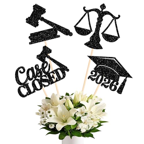 12 Pack 2026 Graduation Centerpiece Sticks Assembled Glitter Class of 2026 Lawyer Cake Toppers Diploma Grad Cap Table Centerpiece Sticks for Law School Survivor 2026 Graduation Party Black