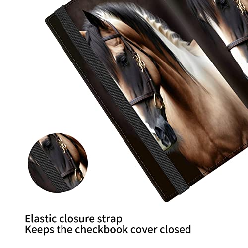 Rossy Checkbook Cover PU Leather Slim Check Book Holder Covers Wallet Case with Card Slots Duplicate Checks Card Pen Holder with RFID Blocking & Elastic Strap for Men Women, Beautiful Horse Animal4