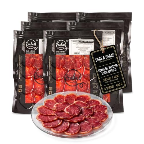 SABE A SABAS Lomo Bellota 100% Iberico Cortado a Mano Caña de Lomo de Jabugo Loncheado 6 Sobres de 80g lomo Iberico 100% curacion natural Tabla Aperitivo Picoteo Regalo Gourmet lo mejor de la Dehesa