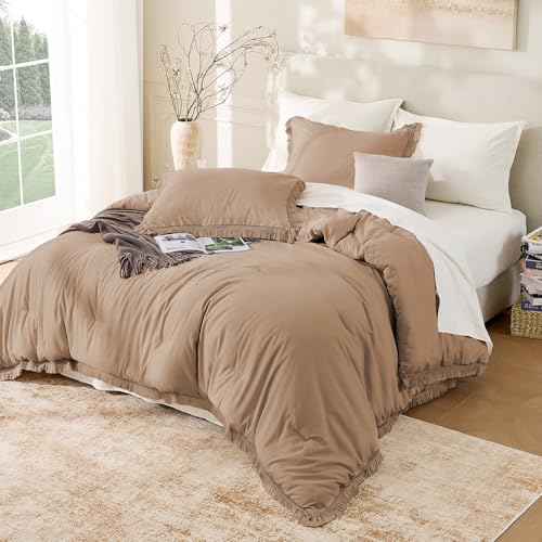 Image of Andency Taupe Comforter Set King Size, 3 Pieces Boho Tassel Lightweight Bedding Comforter Sets for King Bed, Tan All Season Soft Fluffy Fringe Bed Set (104x90In Comforter & 2 Pillowcases)