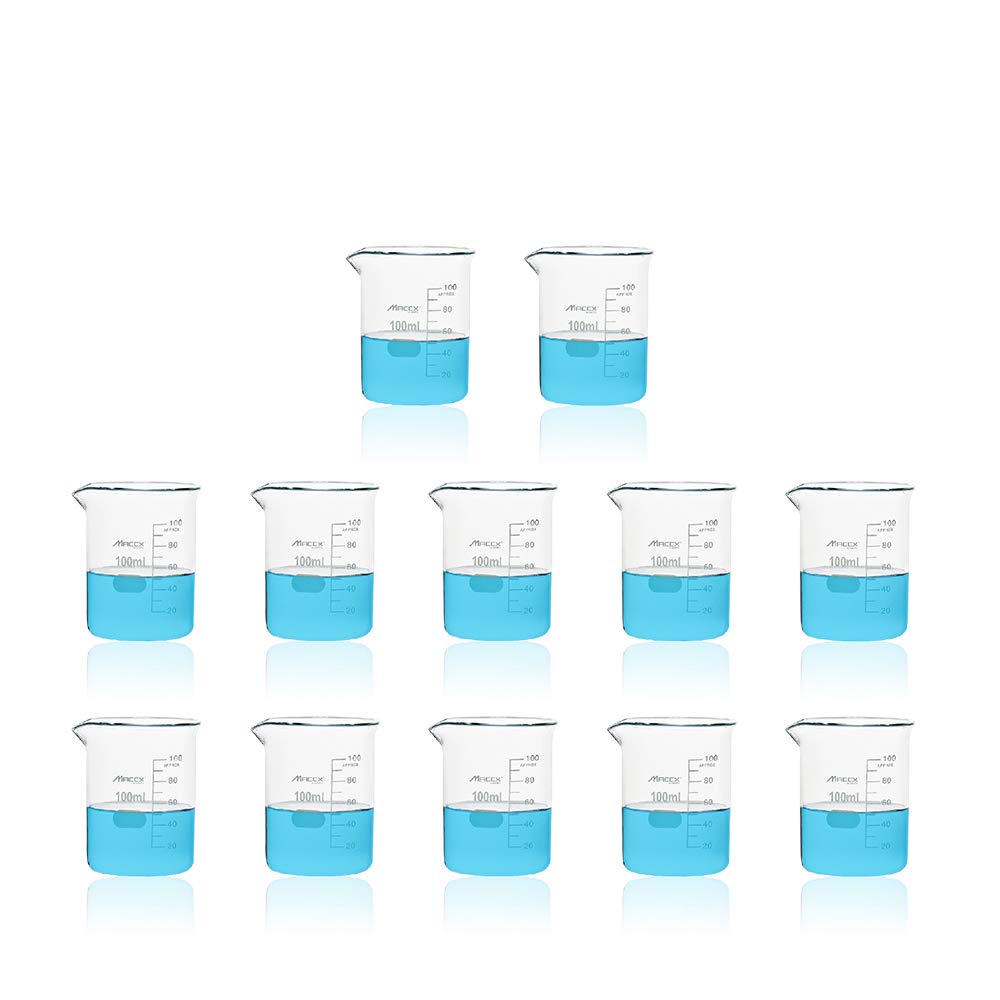 Maccx 3.4oz(100ml) Sturdy Glass Beaker, 3.3 Borosilicate Griffin Low Form with Printed Graduation, Pack of 12, BKL100-012: Industrial & Scientific