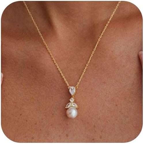 Pearl Necklace for Women Trendy,14k Gold Plated Necklace Dainty Wedding Necklace Small Cute Choker Necklace Beaded Lariat Drop Necklace Vintage Waterproof Jewelry for Women Gold Jewelry Fashion Gifts