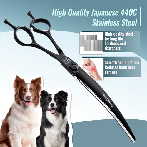 Dog Grooming Scissors: 8″ Curved Pet Shears Made Of Japanese 440C for Trimming Dogs Cats and Other Pets Face and Paws Black Dog Grooming Scissors: 8″ Curved Pet Shears Made Of Japanese 440C for Trimming Dogs Cats and Other Pets Face and Paws Black