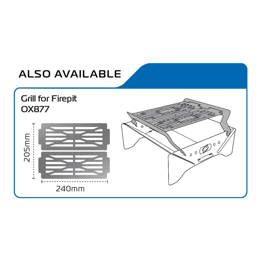 Oxford FirePit - Braciere portatile in acciaio inox con custodia per il trasporto, design leggero e piatto, per campeggio, spiaggia, viaggi, escursionismo, barbecue, base rialzata, facile da montare