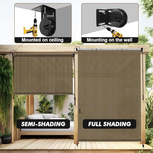 Image of Artpuch Patio Shades Roll Up Outdoor Roller Shade with Spliced Design, 102 inch W x 96 inch H Cordless Outside Blinds Cloth for Porch Pergola Gazebo, Coffee Brown