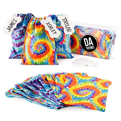 Tie Dye Party Birthday Gift Bags Medium Size! Set of 12 Spiral Tye Dye Treat Bags with 12 Gift Tags. 10x7" Drawstring Bag. Candy Bags, Beach Party Favor Bags, Luau Party Bags, Tye Dye Party Goodie Bags