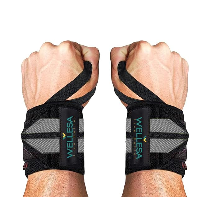 Image of Wellesa Wrist Support for Gym Workout | Wrist Band for Pain Relief & Weight Lifting | Wrist Wrap for Men & Women | Wrist Brace | Gym Accessories | One Size (Grey 2 Line)