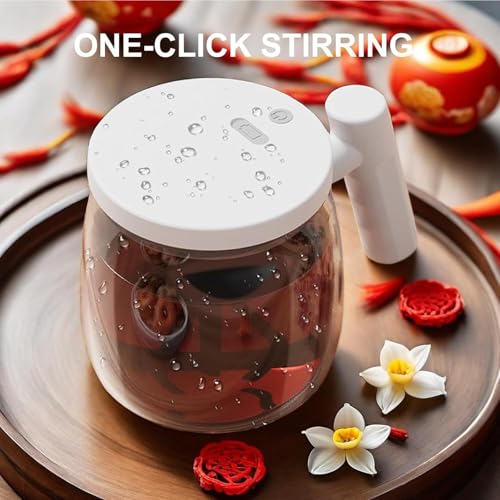 Image of Automatic Self-Stirring Glass Mug with Handle USB Rechargeable Electric Mixing Cup One-Touch Smart Coffee, Milk, Protein Shake Mixer (Wood Finish)