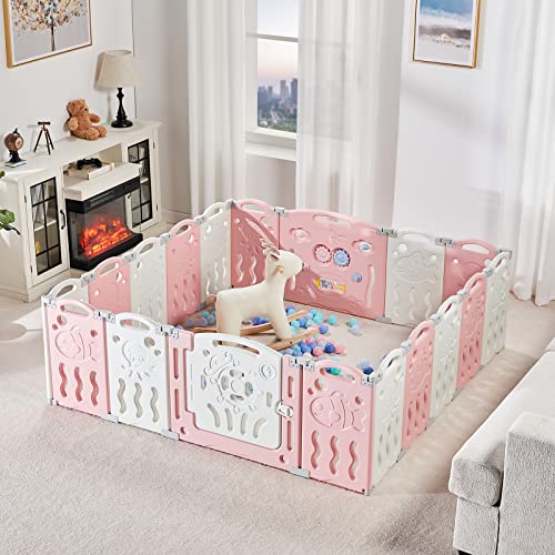 Image of Albott Baby Playpen, 18 Panels Upgraded Portable Foldable Baby Fence with Game Panel and Safety Gate, Adjustable Shape, Ideal for Children Toddlers Indoors or Outdoors (White+Pink, 18 Panel)
