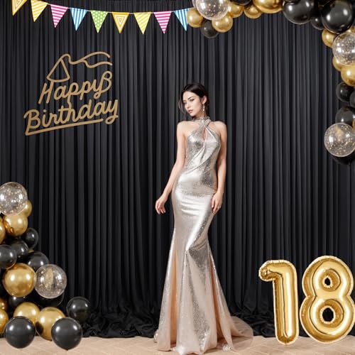 Image of 40x10ft Black Backdrop Curtain for Wedding Parties Wrinkle Free Fabric Black Drapes Backdrop Decoration for Baby Shower Birthday Photography Decoration 8 Panels, 5ft x 10ft