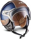 Soxon® SP-325 Urban „Blue“ · Jet-Helm · Motorrad-Helm Roller-Helm Scooter-Helm Moped Mofa-Helm Chopper Retro Vespa Vintage Pilot · ECE 22.05 Visier Leather-Design Schnellverschluss Tasche L (59-60cm)