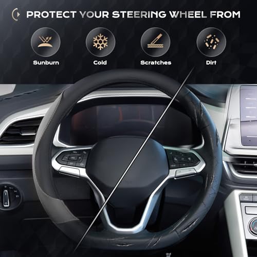 Image of Coverado Car Steering Wheel Cover, Nappa Leather Black & Gray Steering Wheel Covers, Universal 14-15 inch, Anti-Slip, Breathable Steering Wheel Protector for Women Men