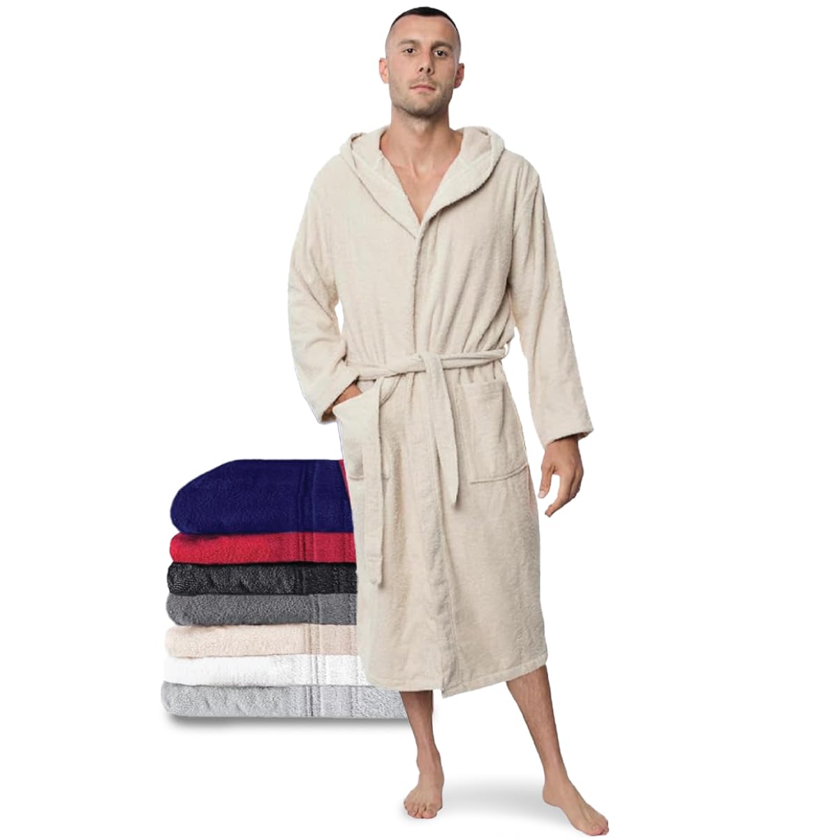 Twinzen Accappatoio per Uomo con Cappuccio in Spugna, 2 Tasche, Cintura Cotone Senza Prodotto Chimico, Oeko Tex - Vestaglia per Uscire dalla Doccia, Assorbente e Confortevole