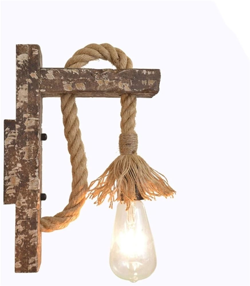 Lampa ścienna do sypialni, drewniana lampa przemysłowa z liny konopnej, retro styl wiejski, gniazdo E27, idealne na strych, kawiarnię, bar, restaurację lub sypialnię.