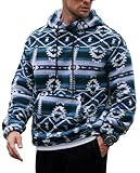 VOGSTART Men's Stylish Classic Hoody Cozy Western Hoodie Flannel Fleece Long Sleeve Retro Fluff Warm Sweatshirt Blue - Ethnic Prints L