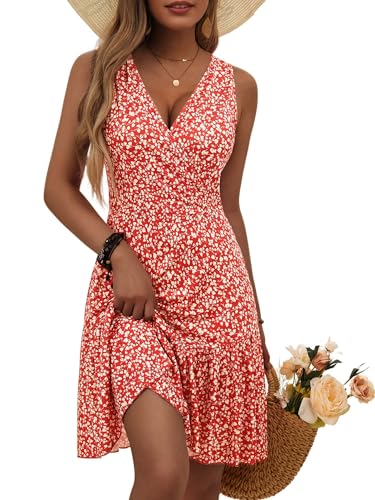 FENSACE Sommerkleid für Damen, ärmellos, sexy, Wickelkleid, V-Ausschnitt, florales Sommerkleid, Rot / Weiß mit Blumenmuster, 29, Mittel
