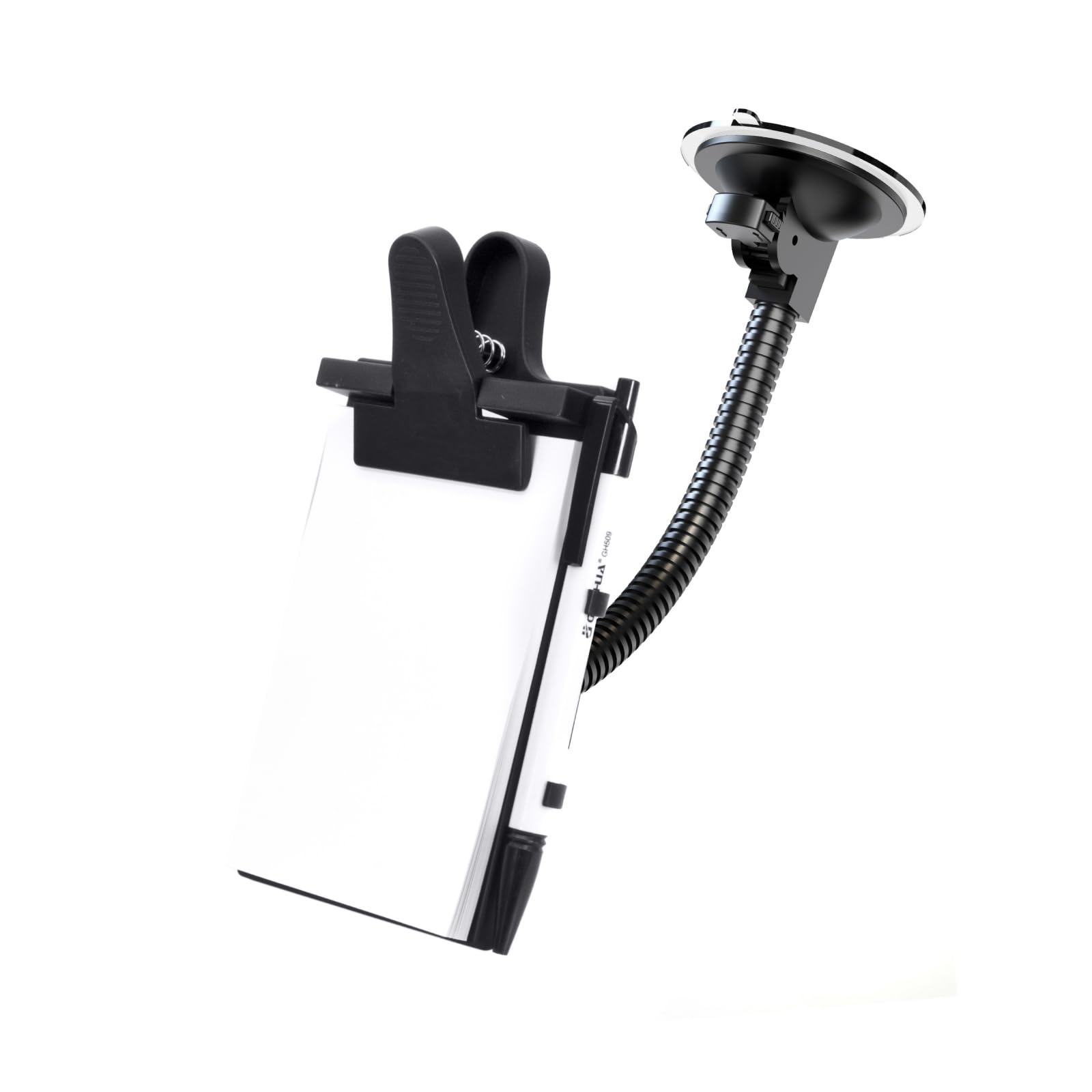 Notepad holder with ballpoint pen, gooseneck with suction cup, ideal for car, kitchen, office, household, document holder, notepad, width 87 x height 130 mm (pens in different colours)